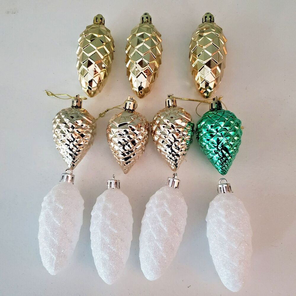 11 Plastic Pine Cone Christmas Ornaments White Glitter & Gold Rustic 2.5-3.5" H